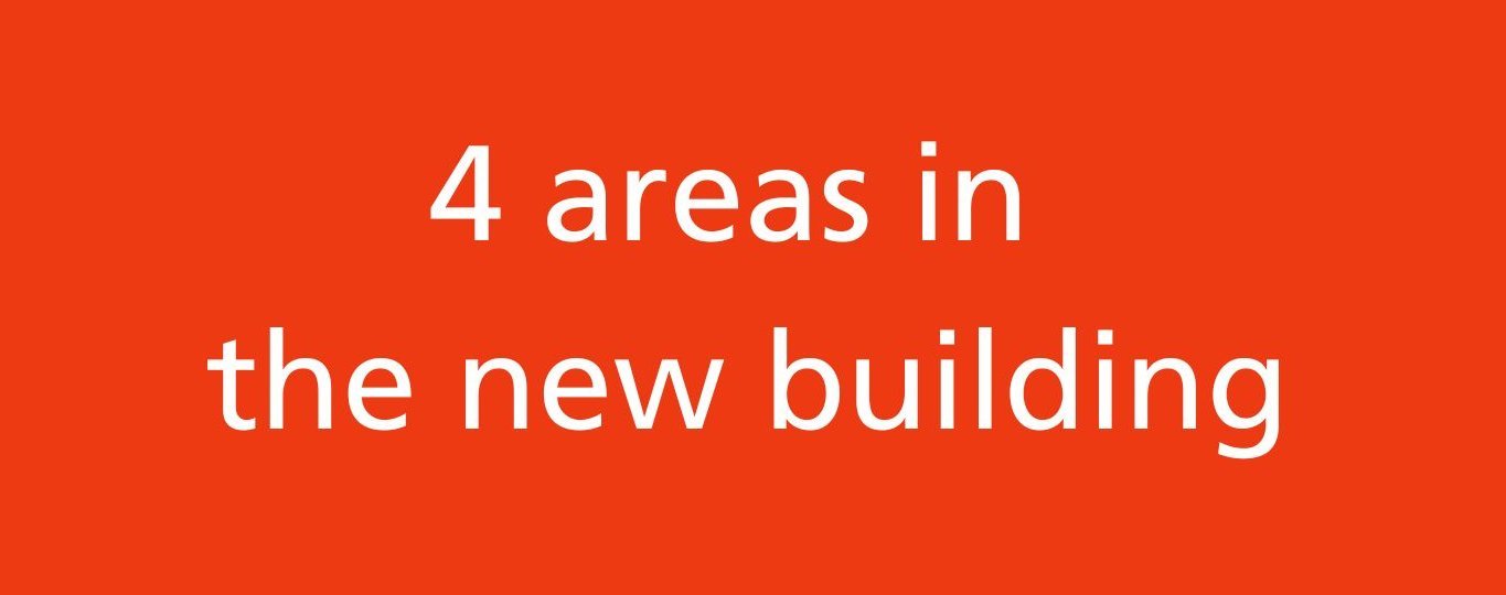 Graphic with a red background, white text; 4 areas in the new building