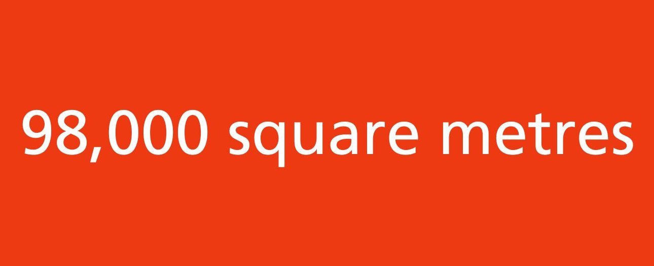 Graphic with a red background, text in white: 98,000 square metres